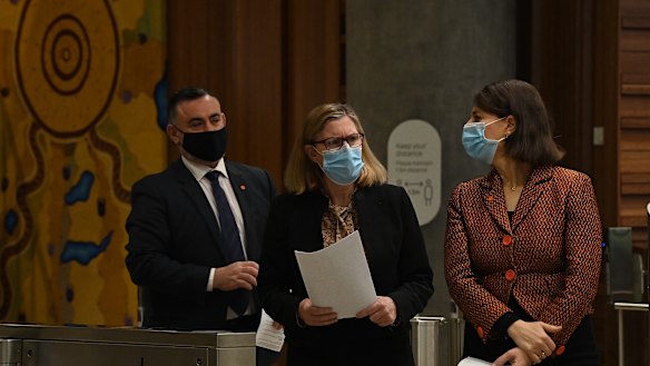 Deputy Premier John Barilaro (left), Chief Health Officer Dr Kerry Chant (centre) and Premier Gladys Berejiklian 