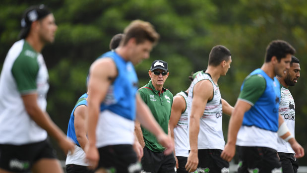 Getting down to business: Bennett runs Souths players through their paces at training on Tuesday.
