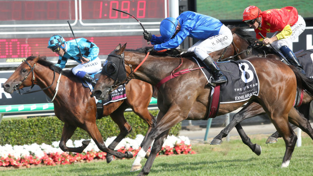 Flying home: Exhilarates nails Dubious to win the Magic Millions Classic on Saturday.