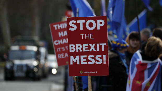 Pro-European demonstrators protest outside parliament in London on  Friday.