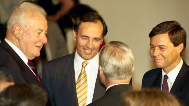 Prime Minister Paul Keating with former Prime Minister Gough Whitlam and Minister for the Arts Michael Lee.
