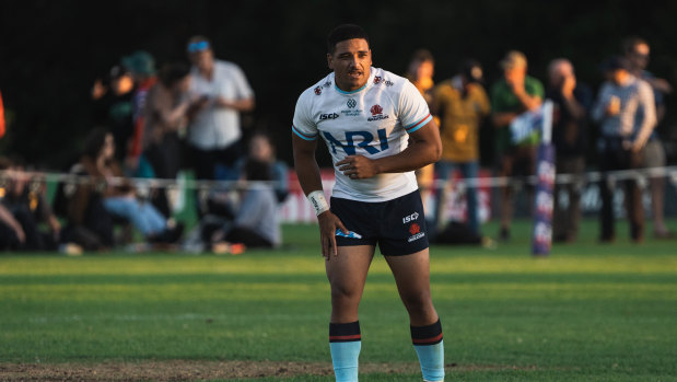 Mosese Tuipulotu in action for the Waratahs in a trial game against the Brumbies.