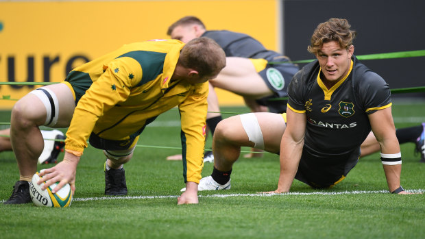 David Pocock and Michael Hooper prepare during the Ireland series in June 2018. It was the last time they started together in the 6/7 combination.
