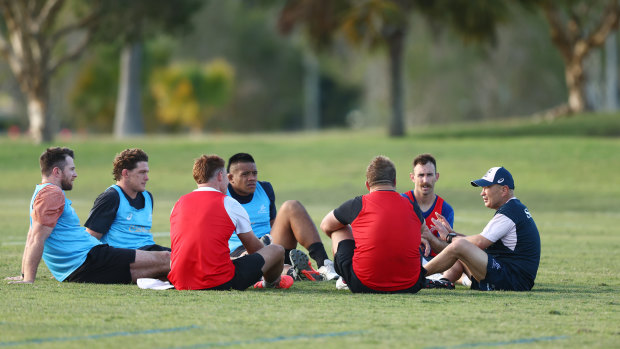 Jones (far right) with Wallabies leadership group (left to right) Jed Holloway, Michael Hooper, Andrew Kellaway, Allan Alaalatoa, James Slipper and Nic White.