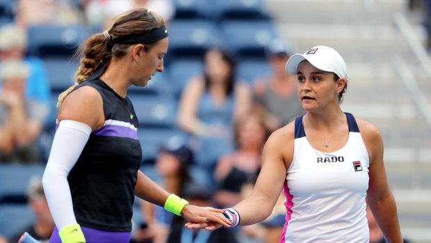 Victoria Azarenka (left) and Ash Barty during this year's US Open.