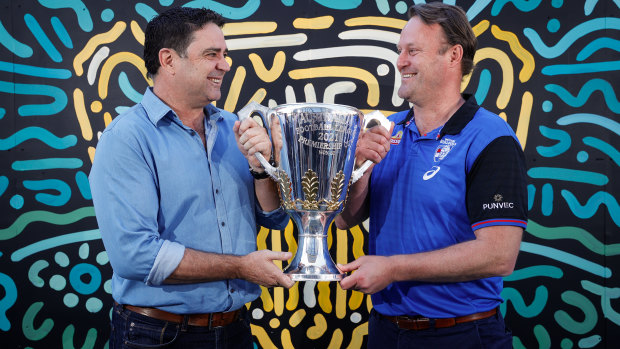 AFL Grand Final Premiership Cup Presenters Garry Lyon (L) and Chris Grant pose for a photograph at Yagan Square.