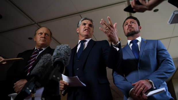 Robbie Katter (centre, with fellow KAP MPs Shane Knuth and Nick Dametto) says he has referred Premier Annastacia Palaszczuk to the CCC.