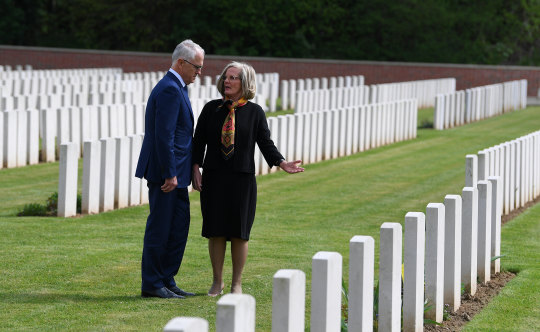 Malcolm and Lucy Turnbull visit the grave of Lucy's grand uncle at Heilly Station cemetery near Amiens.