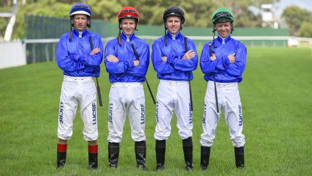 Boys in blue: Hugh Bowman, James McDonald, Tommy Berry and Kerrin McEvoy will ride Godolphin's leading chances in the Golden Slipper.