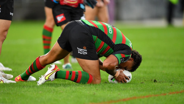 South Sydney fullback Latrell Mitchell goes down with a hamstring injury on Saturday night.