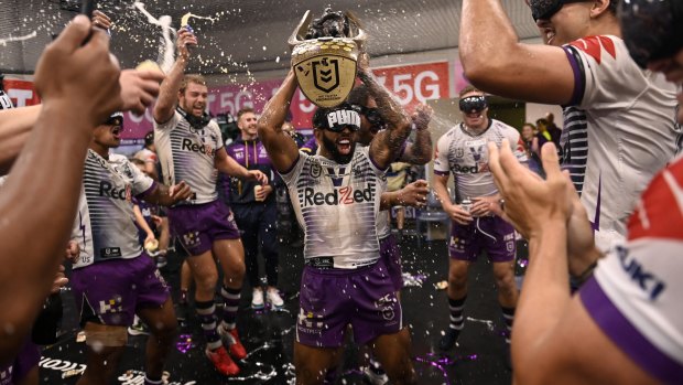 Melbourne Storm celebrate their 2020 Grand Final victory.
