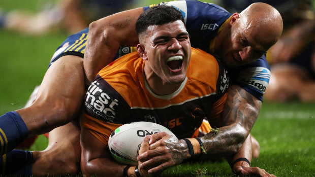 David Fifita crashes over for Brisbane's first try before being injured in the second half.