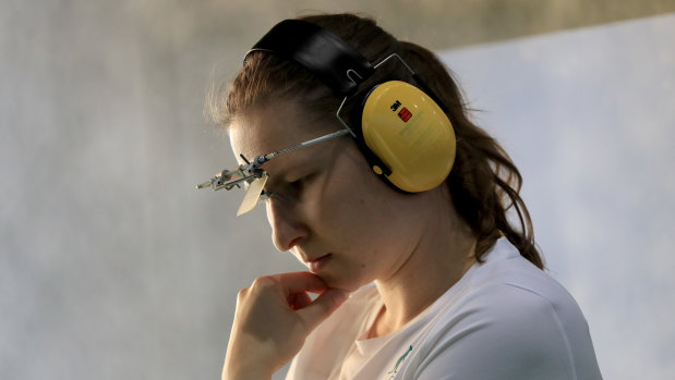 Elena Galiabovitch takes a moment to gather her thoughts during the 25m pistol event at the Rio Olympics.