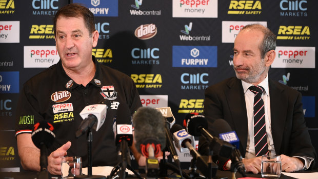 Ross Lyon with St Kilda president Andrew Bassat.