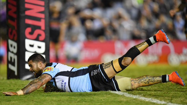 Andrew Fifita scores a try during the Round 6 NRL match between the Cronulla Sutherland Sharks and the Penrith Panthers at Pointsbet Stadium.