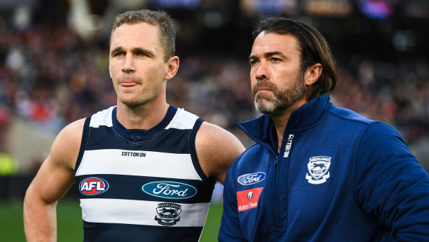 Geelong captain Joel Selwood and coach Chris Scott line up for the national anthem just prior to last year’s preliminary final against Melbourne.