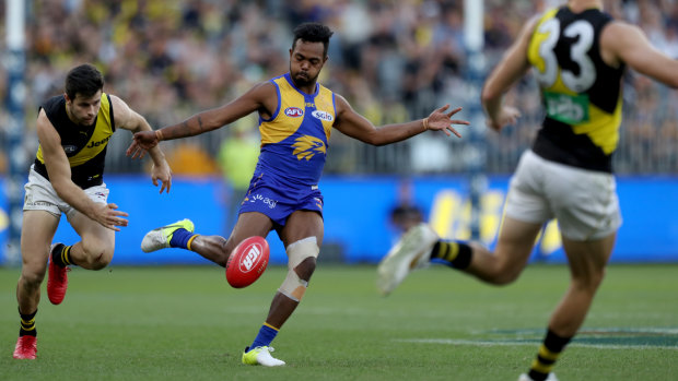 Rising star: Eagle Willie Rioli in action against Richmond at Optus Stadium.