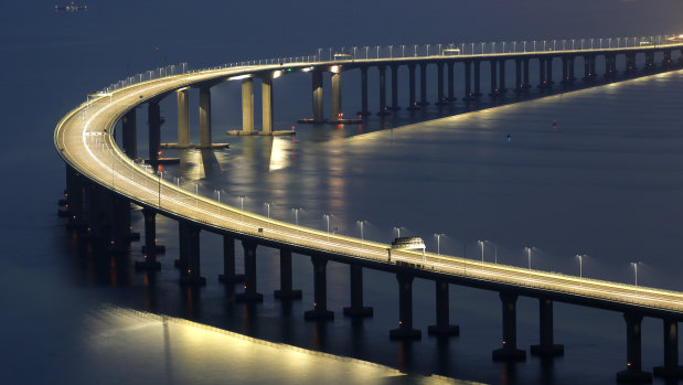 The Hong Kong-Zhuhai-Macau Bridge is lit up in Hong Kong.