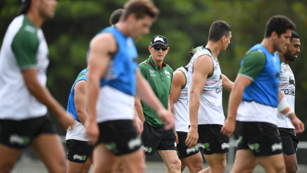 Getting down to business: Bennett runs Souths players through their paces at training on Tuesday.
