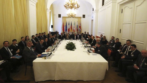 The European Union's political director Helga Schmid and Iran's deputy Foreign Minister Abbas Araghchi, from left, wait for a bilateral meeting as part of the closed-door nuclear talks with Iran in Vienna, Austria, last week.