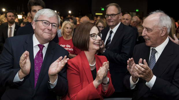 Burying the hatchet: Kevin Rudd, Julia Gillard and Paul Keating at Labor's campaign launch on Sunday.