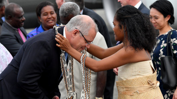 The Prime Minister is greeted at Honiara International Airport. From the Solomon Islands he will travel to the United Kingdom and Singapore.