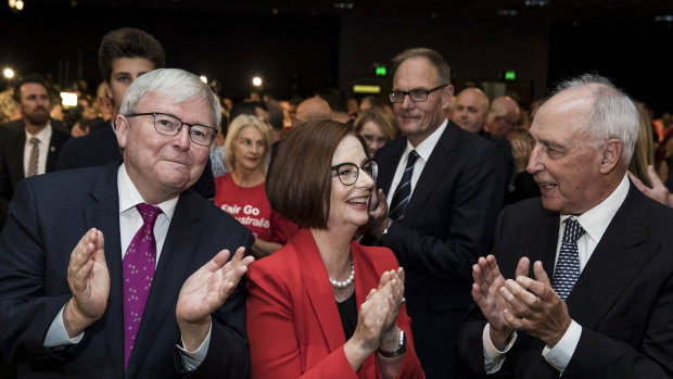 Kevin Rudd, Julia Gillard and Paul Keating at Labor's campaign launch on Sunday.