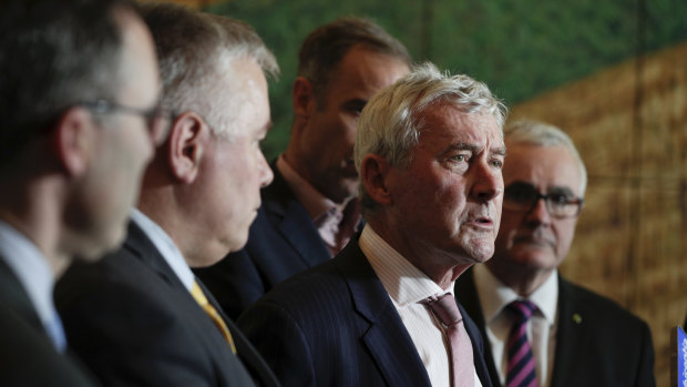 Bernard Collaery, flanked by Senators Tim Storer, Rex Patrick, Nick McKim and Andrew Wilkie, addresses the media during a press conference on the East Timor spy scandal, at Parliament House in Canberra on  Thursday 28 June 2018.