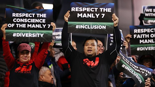 Some Manly supporters at the club’s match last year that saw players wear rainbow jerseys.