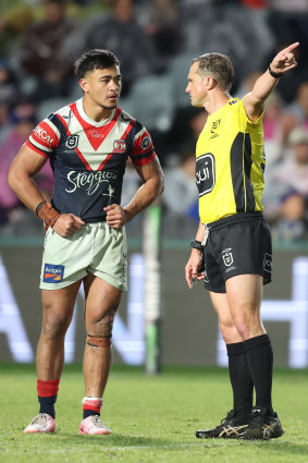 Junior Pauga is sent off by Grant Atkins.