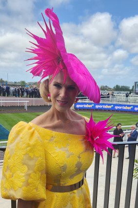 Caulfield Cup veteran Elizabeth Paterson, in her homemade outfit.