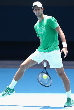 Serbian star Djokovic shows his flair during practice. 
