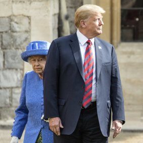 Trump appeared to have ignored the book on royal protocol, walking in front of the Queen at Windsor in 2018. 