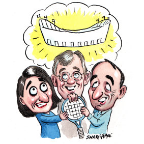 Former Westfield executive Steven Lowy, Premier Gladys Berejiklian and Wentworth MP Dave Sharma met over the White City proposal. Illustration: John Shakespeare