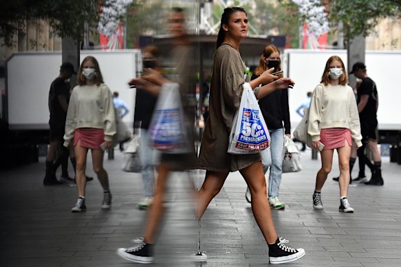 Shoppers at Pitt Street Mall on December 21, 2020.