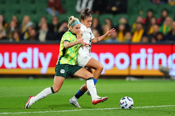 Carpenter in action for the Matildas last month. 