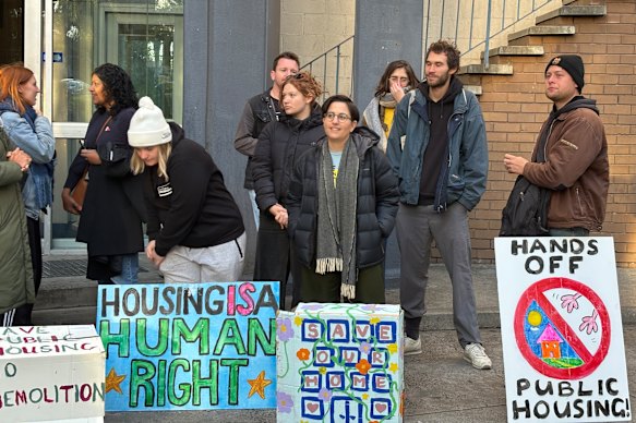 Greens MP Gabrielle de Vietri (centre in glasses) was among the protesters.