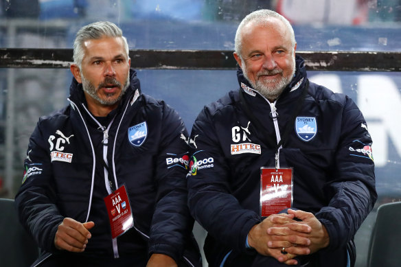 Steve Corica and Graham Arnold together during the latter’s days as Sydney FC coach.