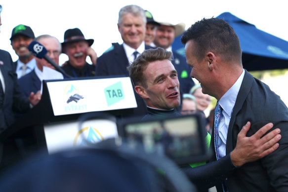 Sam Clipperton and Joe Pride celebrate The Everest win with Think About It