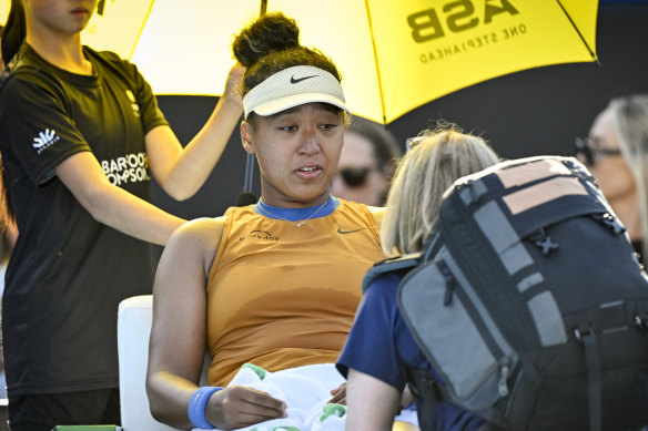 Naomi Osaka receiving medical treatment during her final in Auckland.