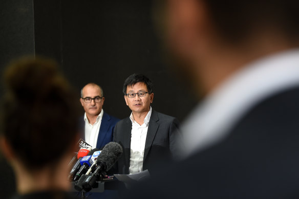 Acting Premier James Merlino (left) and Deputy Health Officer Allen Cheng.