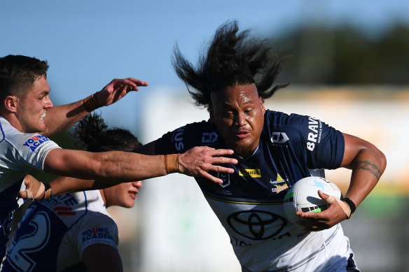 Luciano Leilua was one of the Cowboys’ four tryscorers in their come-from-behind win over Canterbury.
