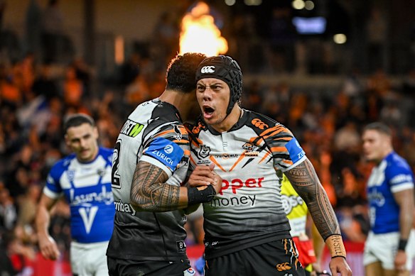 Jarome Luai celebrates during the win over the Bulldogs.