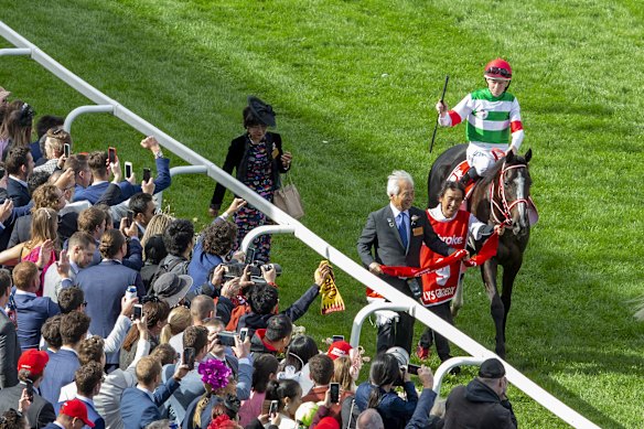 Lys Gracieux is presented to The Valley crowd after winning the 2019 Cox Plate.