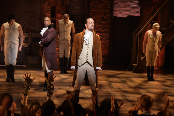 Actor Leslie Odom jnr (left) and actor- composer Lin-Manuel Miranda (right) with the cast of Hamilton during a performance for the 2016 Grammy Awards in New York. 