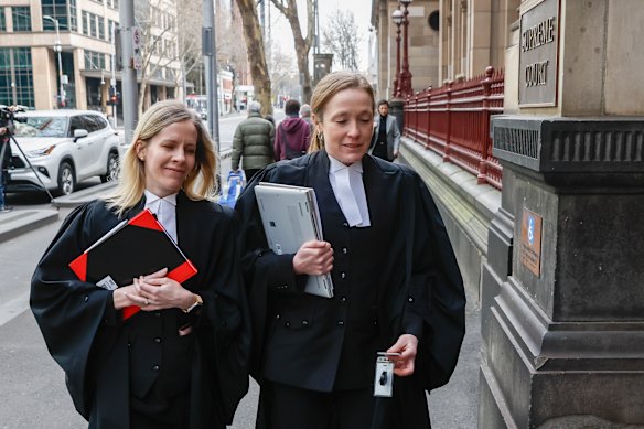 Prosecutor Jane Waren, right, outside court earlier this month.