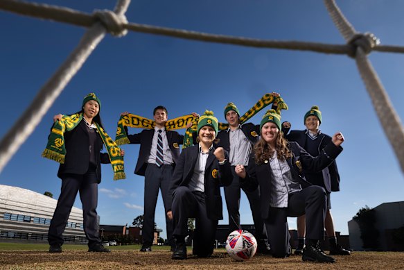 Penleigh and Essendon Grammar students Eden and Harriet (front), and Katherine, Riley, Orpheus and Samuel (rear).