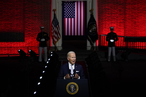 President Joe Biden speaks outside Independence Hall on September 1.