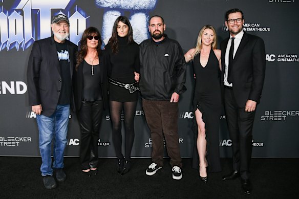 Romy Reiner (third from left) and Jake Reiner (far right) have issued a statement after the deaths of their parents. Nick Reiner (third from right) has been charged with Rob Reiner (far left) and Michele Singer Reiner’s (second from left) murders.