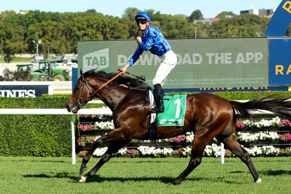 James Mcdonald celebrates as he wins the Chipping Norton Stakes on Anamoe.